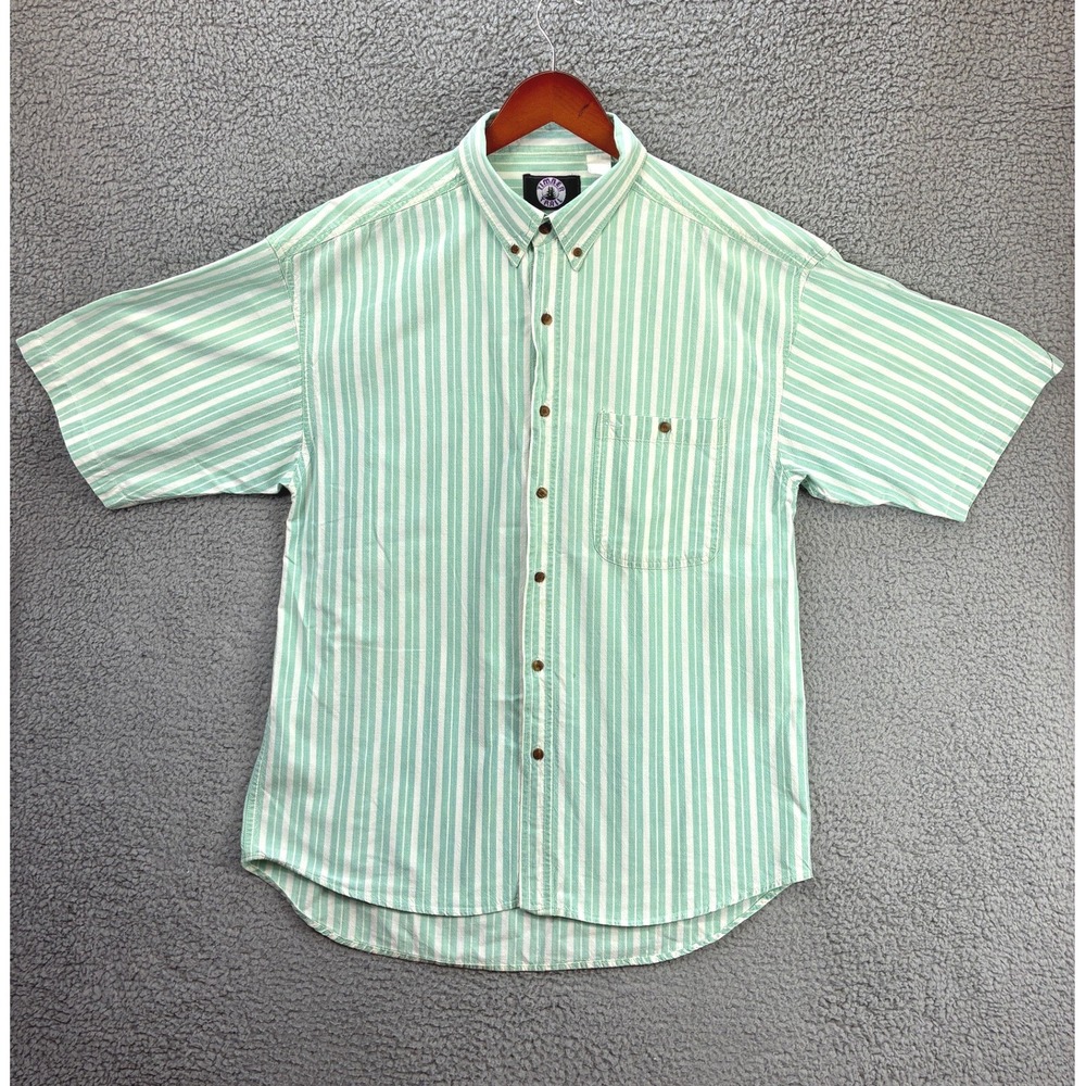 Timber Trail Short Sleeve Button Down Shirt Mens L Green White Striped Vintage